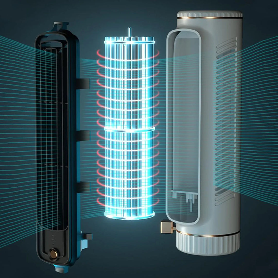 Modern compact bladloos design torenventilator. Draagbaar, 360° stille koeling via USB voor elke ruimte.