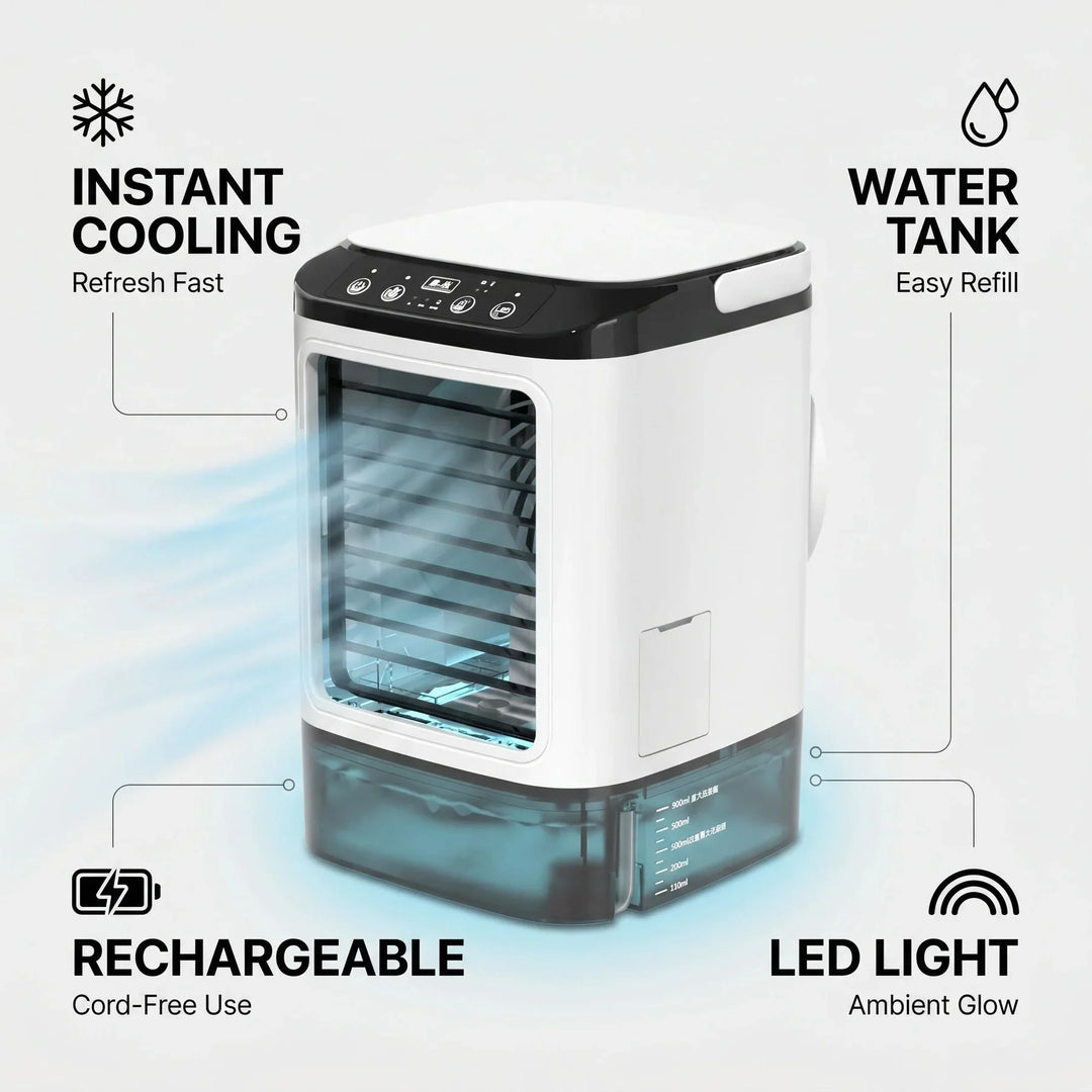 Compacte USB draagbare airco ventilator met ijsbox en stille werking, ideaal voor elk bureau.