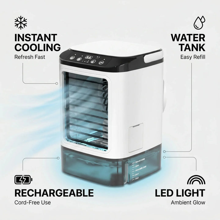 Compacte USB draagbare airco ventilator met ijsbox en stille werking, ideaal voor elk bureau.
