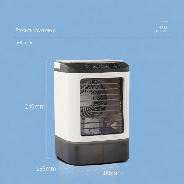 Stille bladloze USB bureau ventilator met mistfunctie voor comfortabele persoonlijke koeling.
