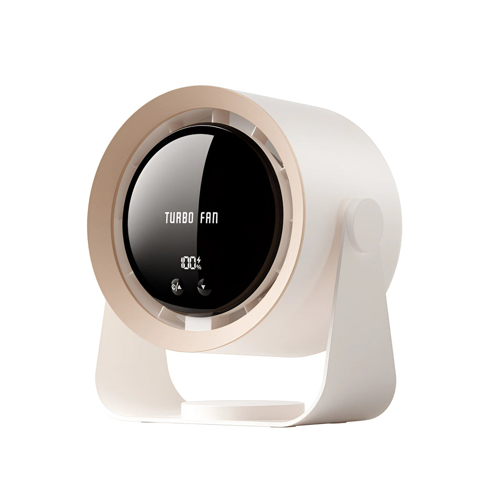 Compacte draagbare bladloze ventilator in modern wit/donkergrijs design. Efficiënte luchtcirculatie met LED-display.