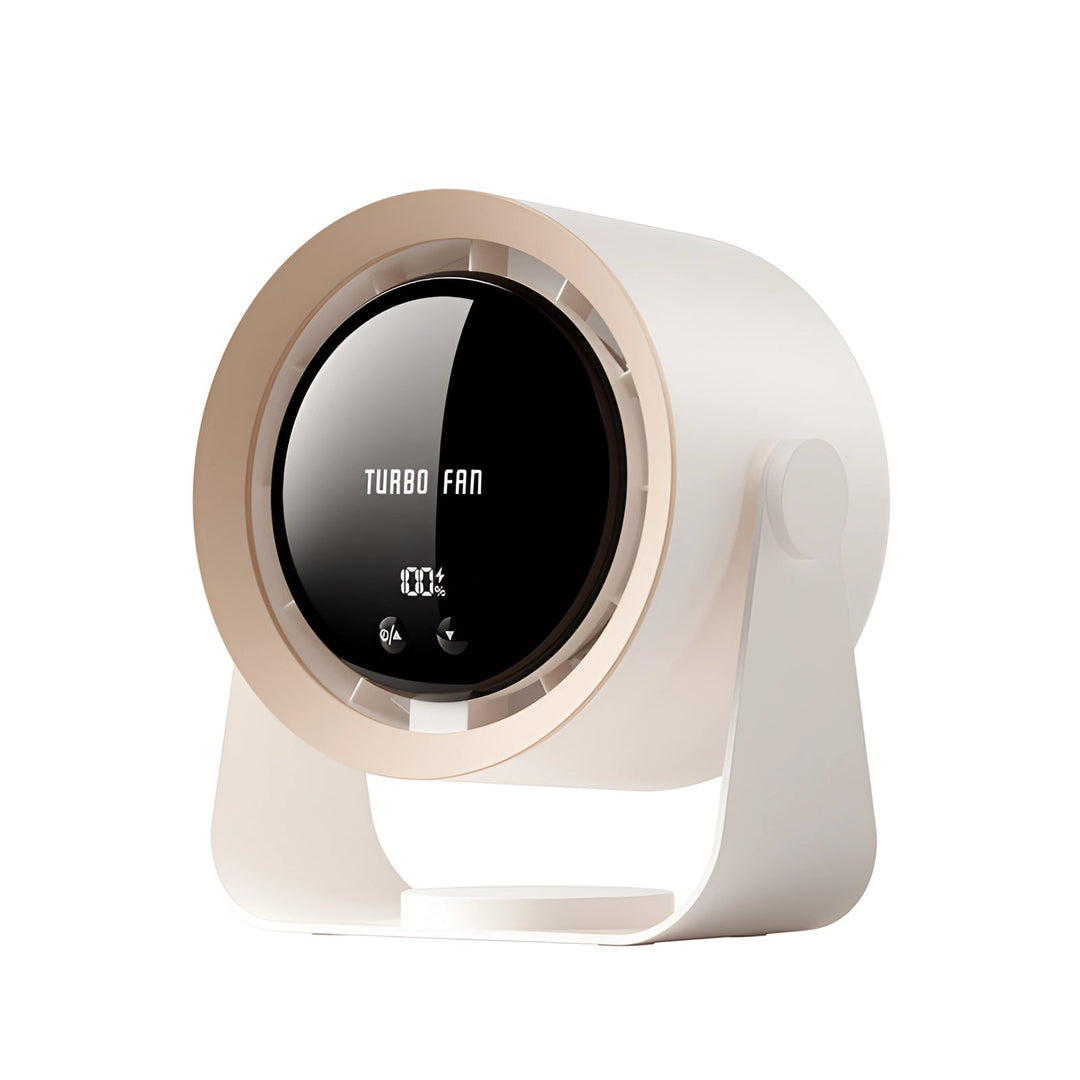 Compacte draagbare bladloze ventilator in modern wit/donkergrijs design. Efficiënte luchtcirculatie met LED-display.
