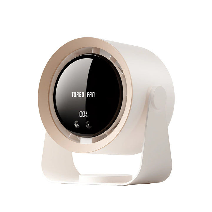 Compacte draagbare bladloze ventilator in modern wit/donkergrijs design. Efficiënte luchtcirculatie met LED-display.