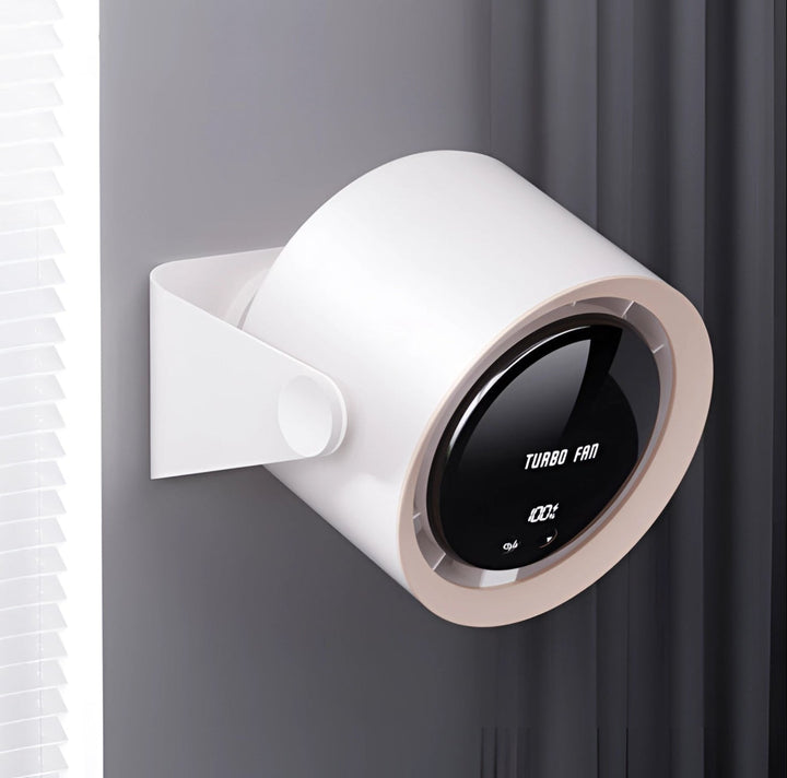 Witte draagbare bladloze ventilator met LED-display; compact, stil en energiezuinig voor optimale persoonlijke koeling.