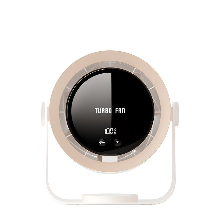 Donkergrijze bladloze luchtcirculator, draagbaar en efficiënt. Met LED-display voor comfortabele koeling.