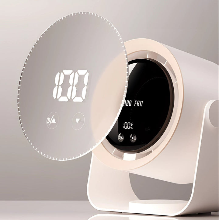 Stijlvolle bladloze bureauventilator met LED-display, voor stille en efficiënte koeling op je werkplek. Compact model.