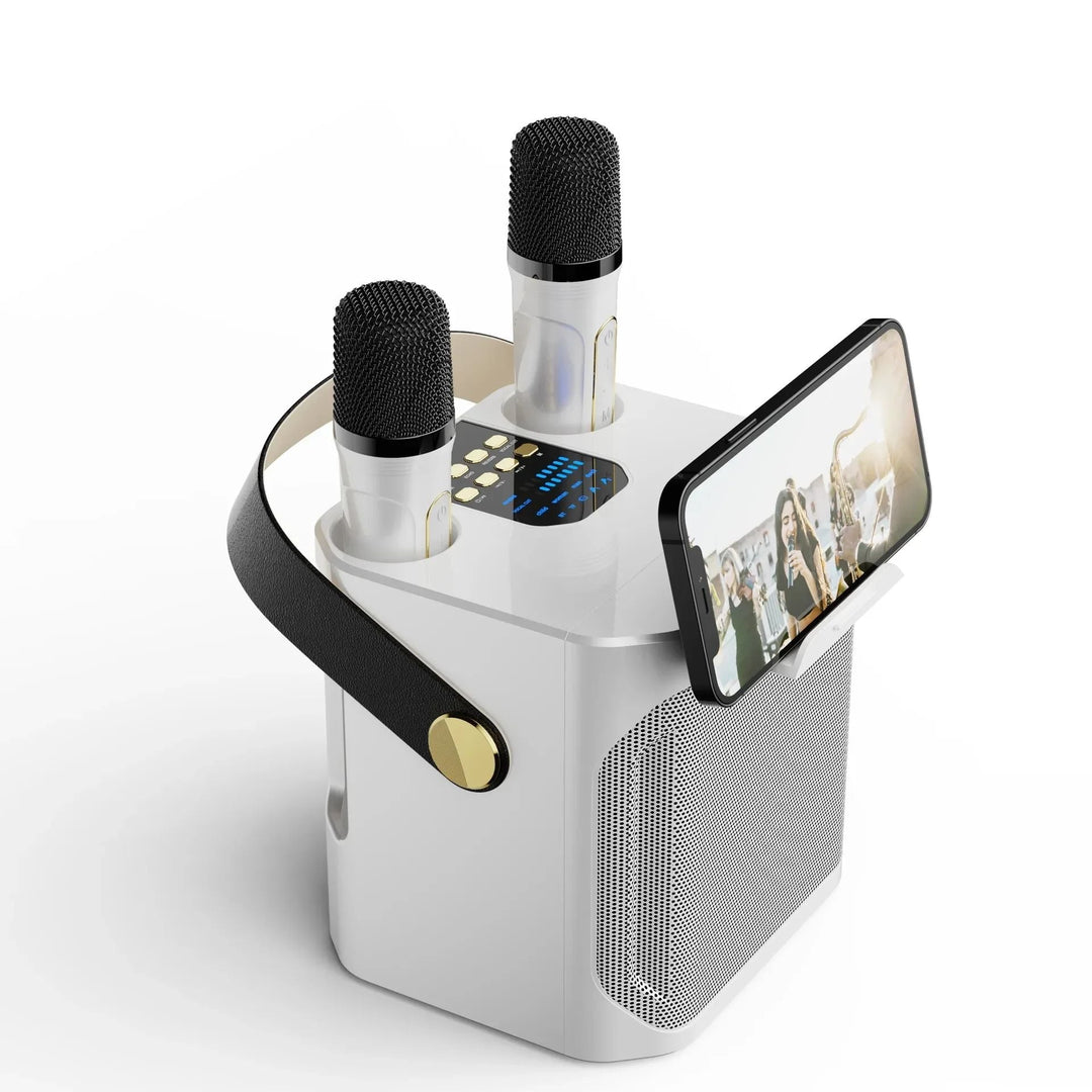 Draagbare Bluetooth karaokespeaker met dubbele microfoon voor stereo geluid, ideaal voor feesten en entertainment.
