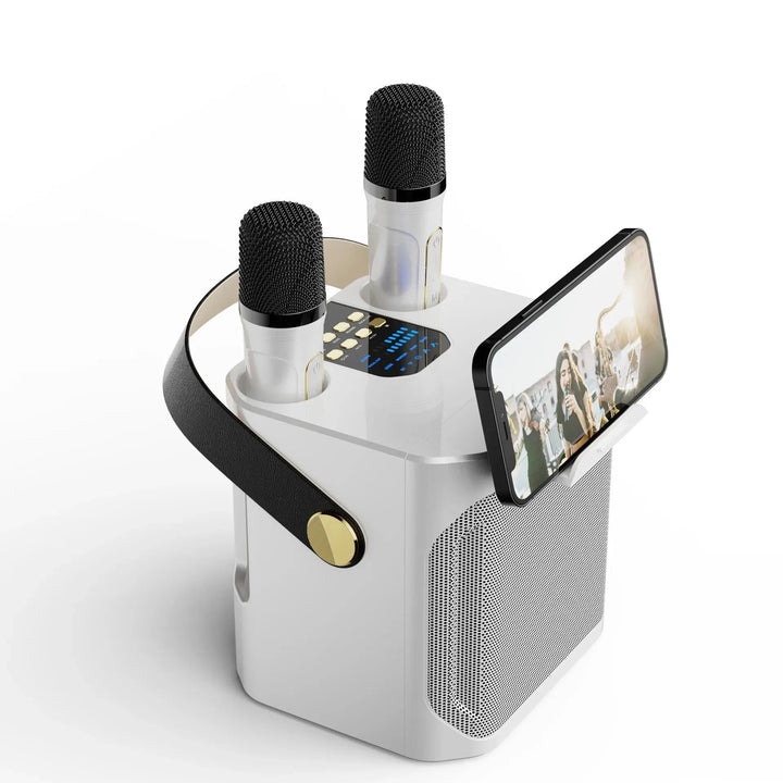 Draagbare Bluetooth karaokespeaker met dubbele microfoon voor stereo geluid, ideaal voor feesten en entertainment.