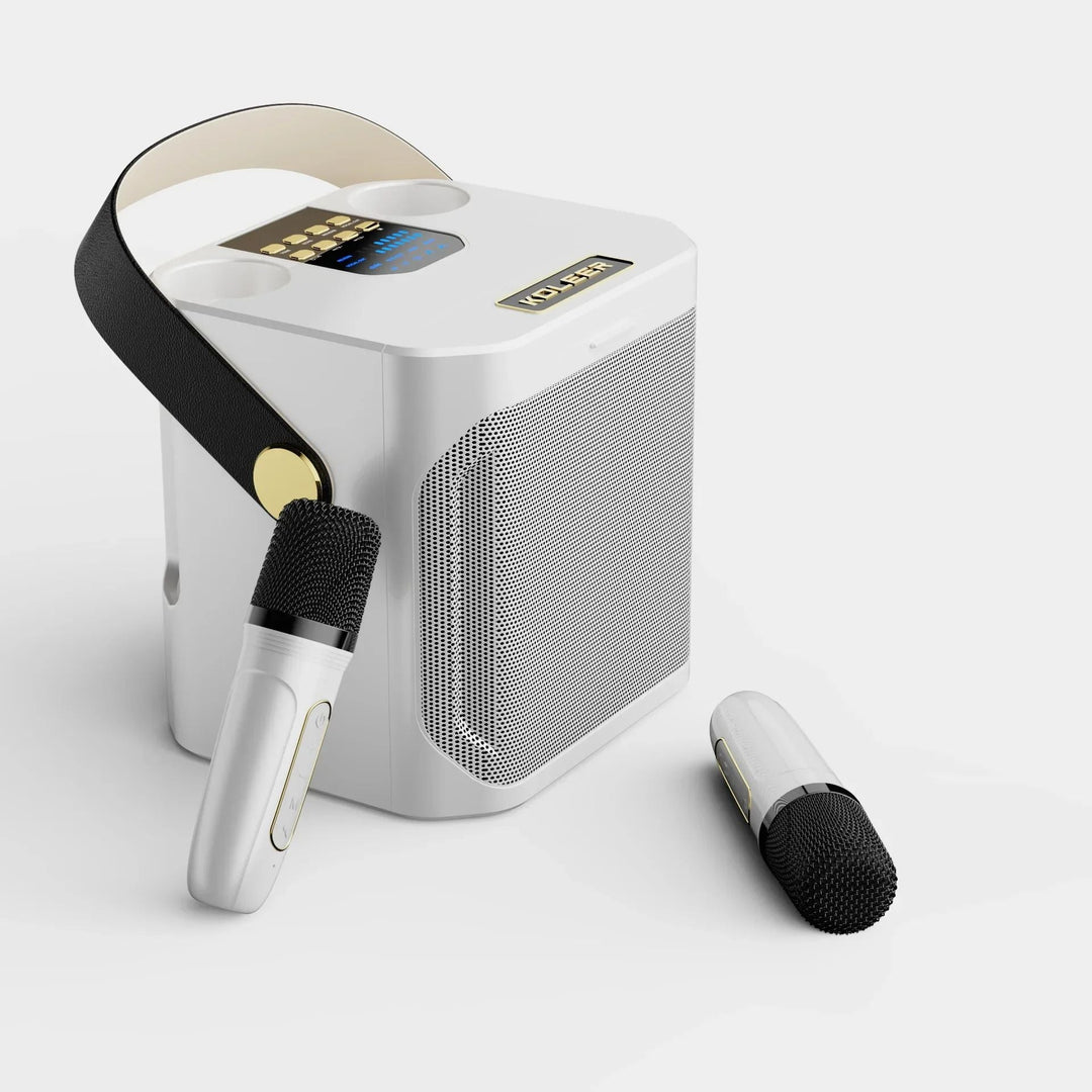 Stijlvolle draagbare Bluetooth karaokespeaker (zwart/wit) met dubbele microfoon, perfect voor elk feest.