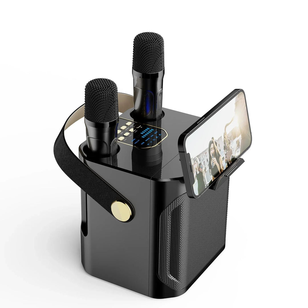 Complete draagbare karaoke boombox met stereo geluid, subwoofer en twee draadloze microfoons voor plezier.