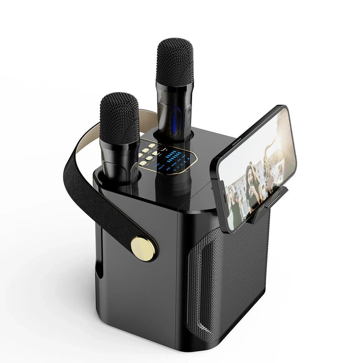 Complete draagbare karaoke boombox met stereo geluid, subwoofer en twee draadloze microfoons voor plezier.