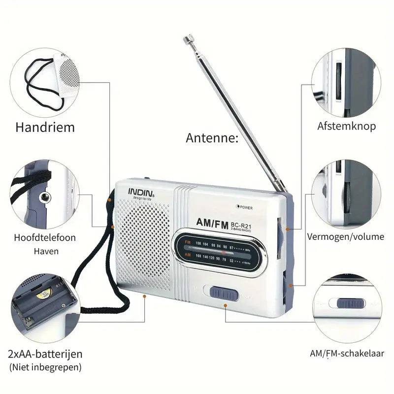 "Draagbare compacte AM/FM radio met stereoluidsprekers, telescopische antenne en eenvoudige bedieningsknoppen, zwart ontwerp.