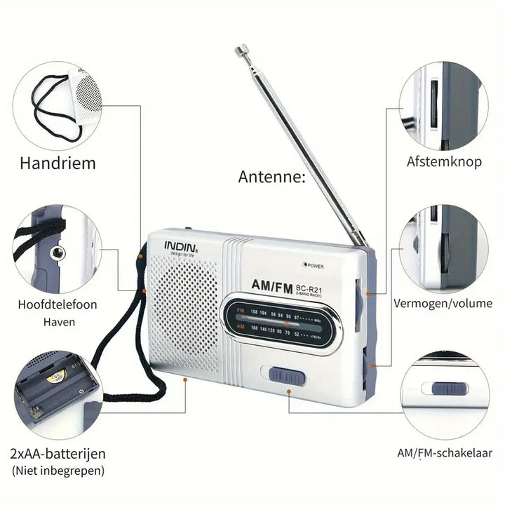 "Draagbare compacte AM/FM radio met stereoluidsprekers, telescopische antenne en eenvoudige bedieningsknoppen, zwart ontwerp.