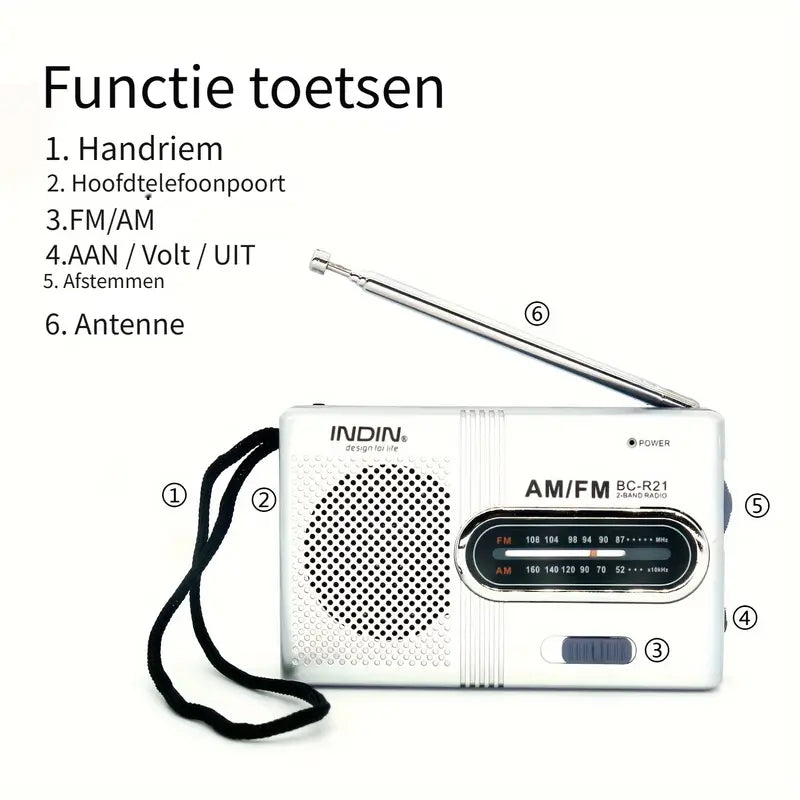 "Draagbare compacte AM/FM radio met stereoluidsprekers, telescopische antenne en eenvoudige bedieningsknoppen, zwart ontwerp.