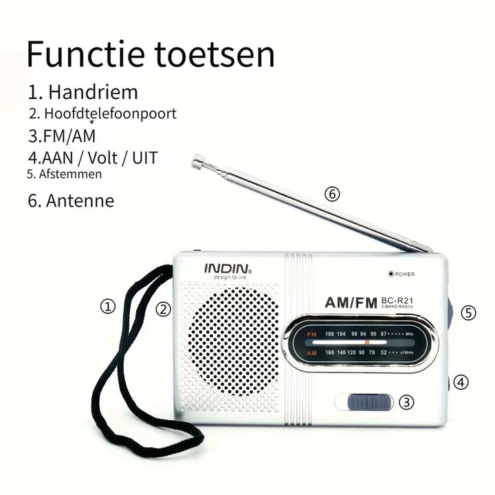 "Draagbare compacte AM/FM radio met stereoluidsprekers, telescopische antenne en eenvoudige bedieningsknoppen, zwart ontwerp.