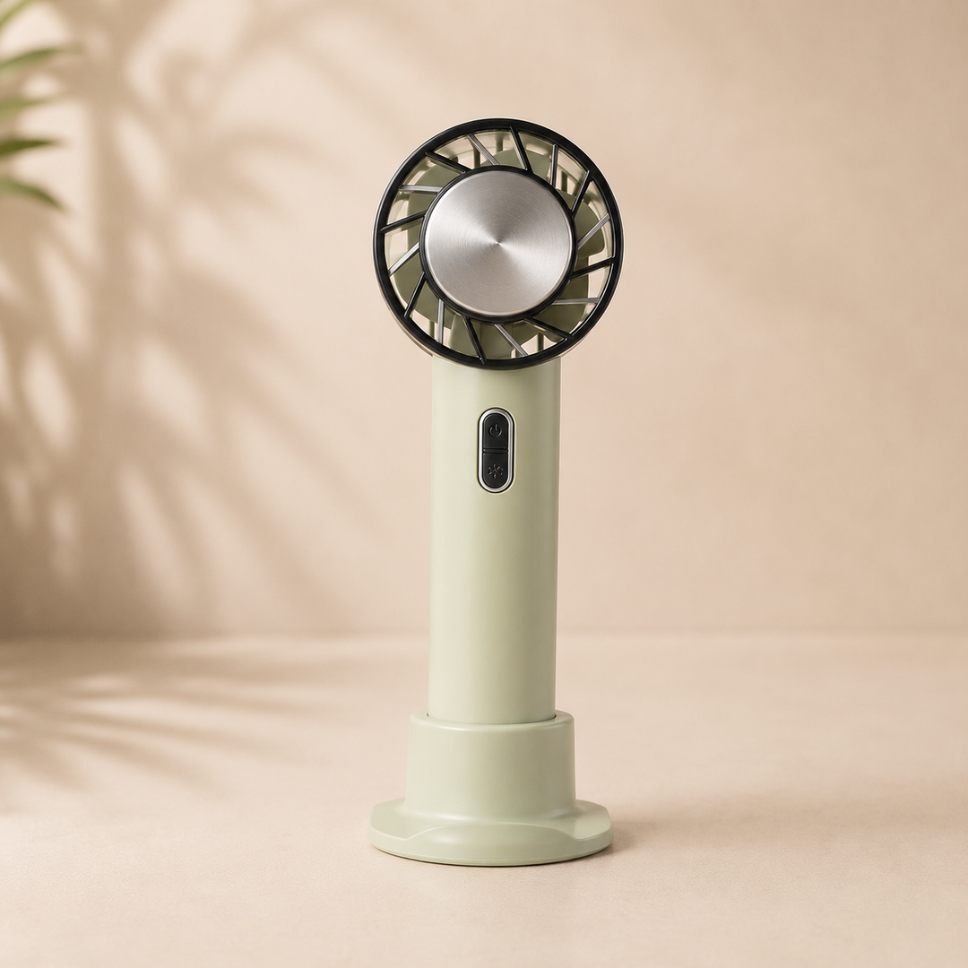 Draagbare desktop luchtkoeler ventilator, USB oplaadbaar, compact design voor kantoor en thuis.