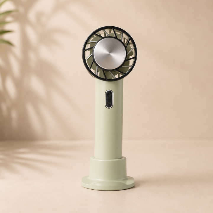 Draagbare desktop luchtkoeler ventilator, USB oplaadbaar, compact design voor kantoor en thuis.