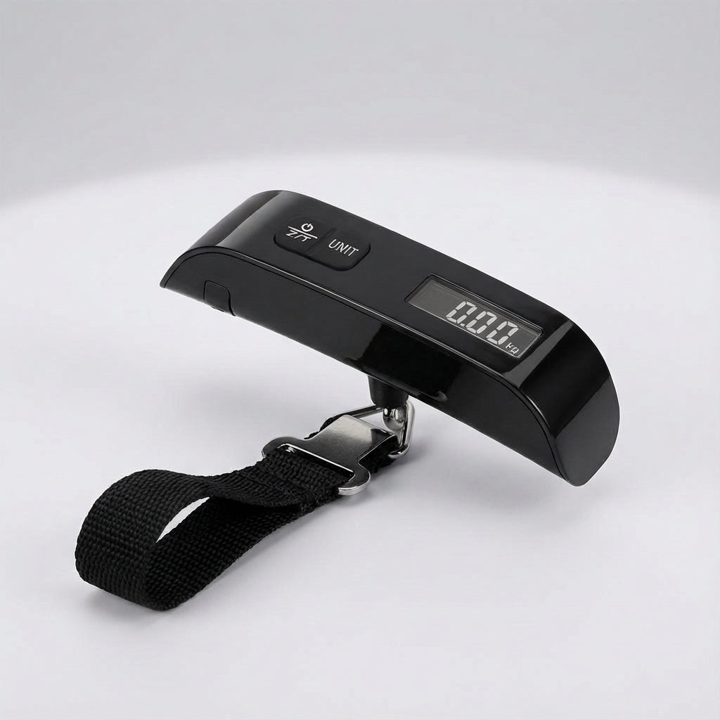 Close-up van de TravelWeigh digitale weegschaal met helder display en stevige grip.
