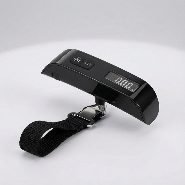 Close-up van de TravelWeigh digitale weegschaal met helder display en stevige grip.