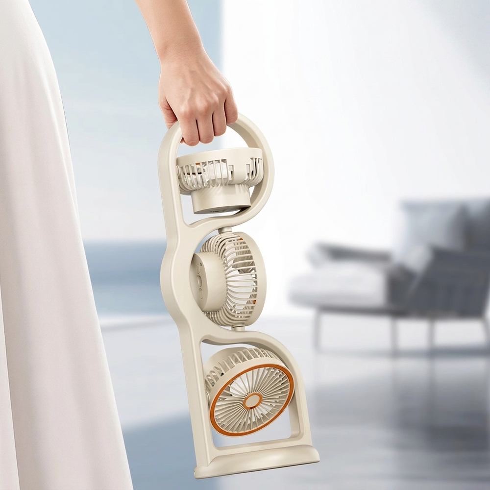 Compacte witte draagbare USB ventilator met 3 verstelbare koppen, perfect voor onderweg of buiten.