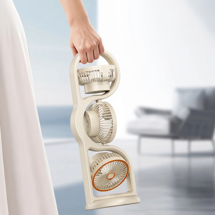 Compacte witte draagbare USB ventilator met 3 verstelbare koppen, perfect voor onderweg of buiten.