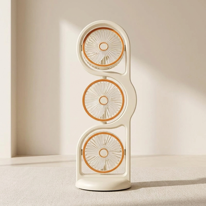 Zwarte driekoppige USB oplaadbare ventilator voor optimale persoonlijke koeling, geschikt voor reizen.