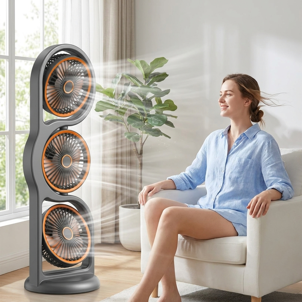 Innovatieve persoonlijke koeling: USB oplaadbare driekoppige ventilator, ideaal voor zomerse dagen buiten.