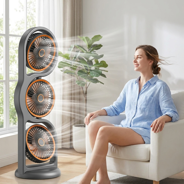 Innovatieve persoonlijke koeling: USB oplaadbare driekoppige ventilator, ideaal voor zomerse dagen buiten.
