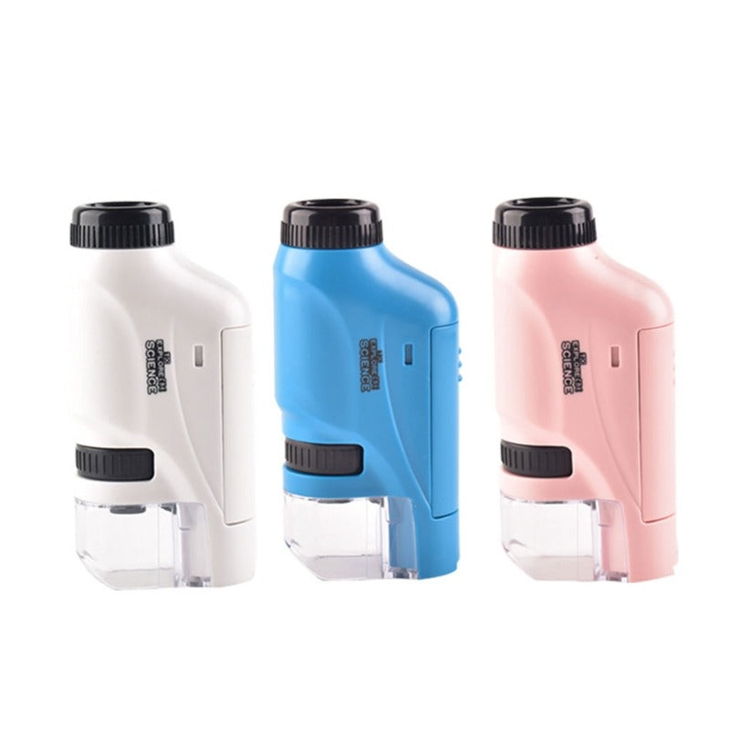 "Draagbare LED-kindermicroscoop met 120x vergroting in blauw, roze en wit. Ideaal voor jonge ontdekkers."