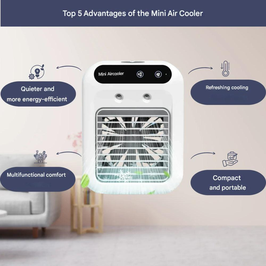 Draagbare luchtkoeler en aroma diffuser, ideaal voor zomerse verkoeling in kantoor, slaapkamer of woonkamer.