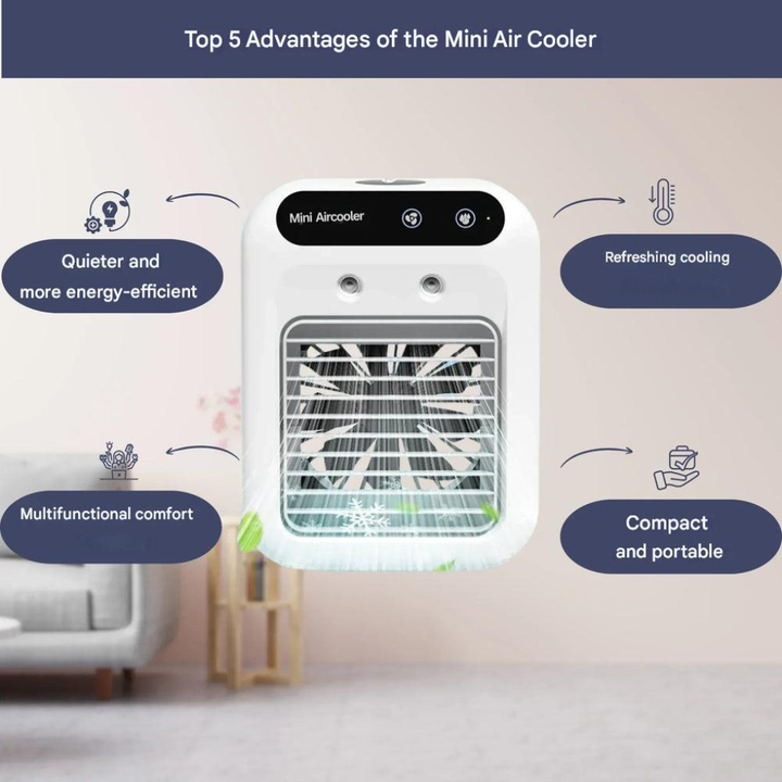 Draagbare luchtkoeler en aroma diffuser, ideaal voor zomerse verkoeling in kantoor, slaapkamer of woonkamer.