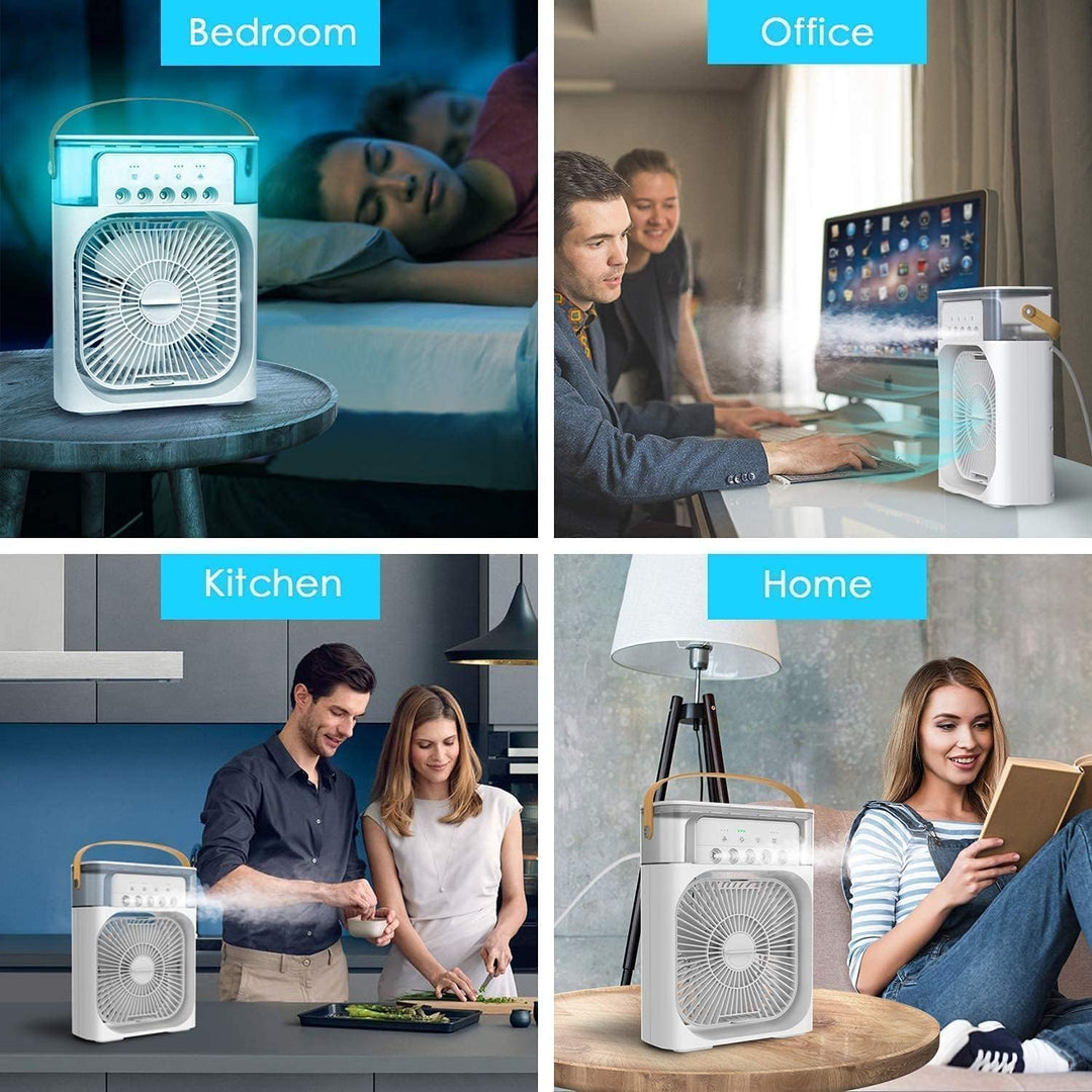 Efficiënte mini-luchtkoeler met ventilator, perfect voor verkoeling op je bureau, nachtkastje of tijdens het reizen.