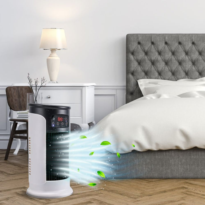 Compacte mobiele airco, een evaporatieve luchtkoeler voor comfortabele en efficiënte klimaatbeheersing in huis.