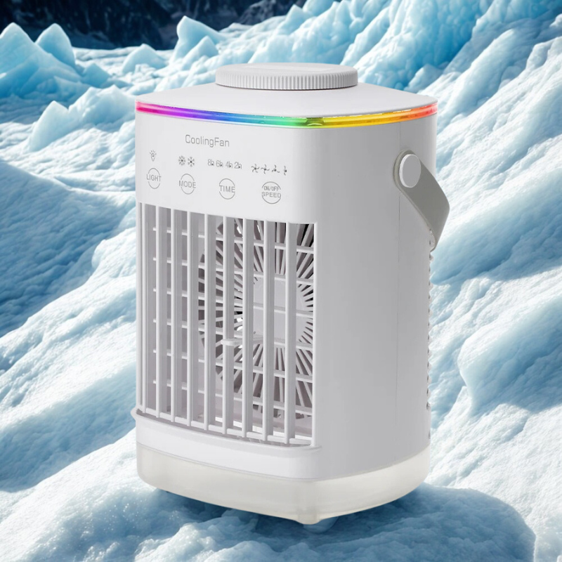 Compacte USB luchtkoeler ventilator met vernevelaar; stil en efficiënt voor persoonlijk gebruik.