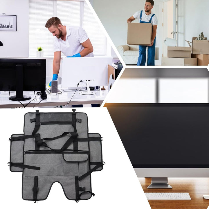 Grijze, draagbare monitorhoes met comfortabel handvat; veilige transporttas.