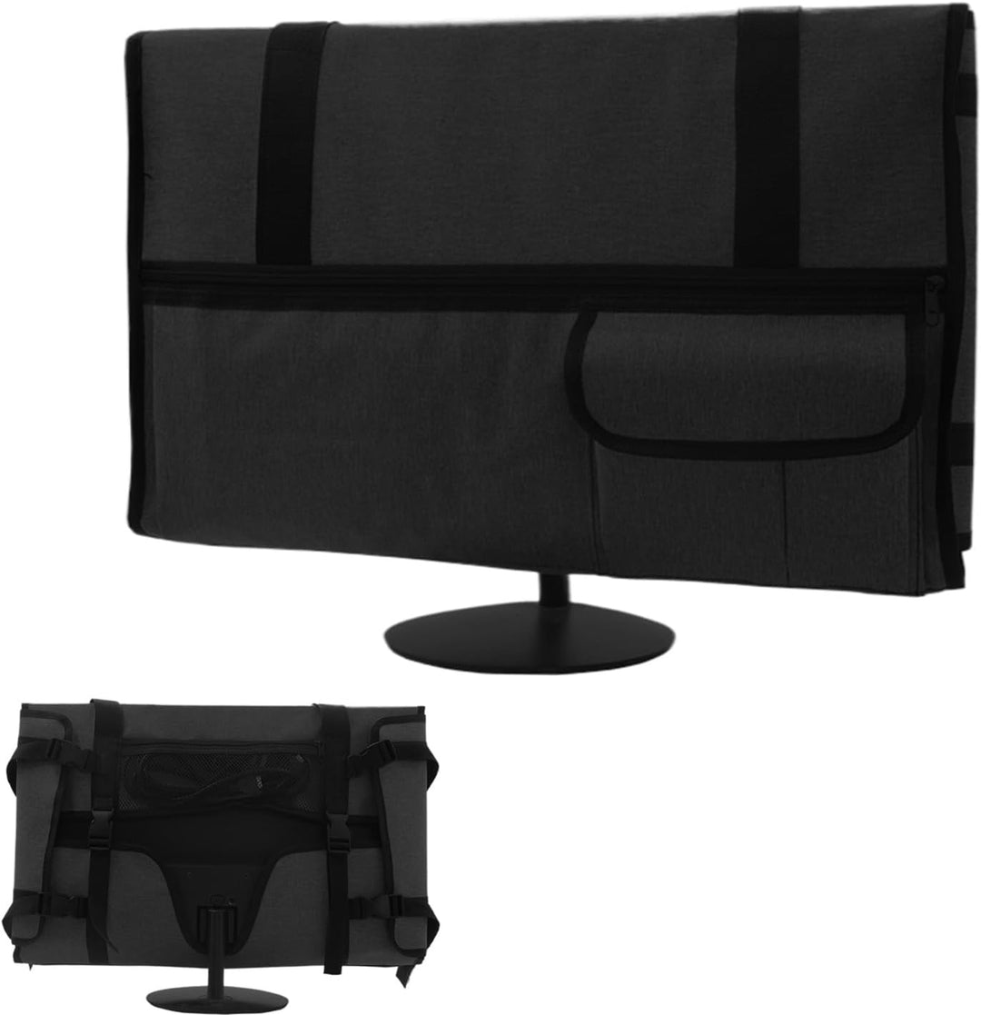 Grijze draagbare monitorhoes met organizer functies voor kabels en adapters.