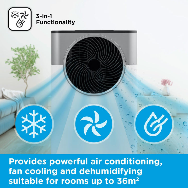 Slimme draagbare airco met afstandsbediening, ventilator en ontvochtiger voor optimale zomerverfrissing.