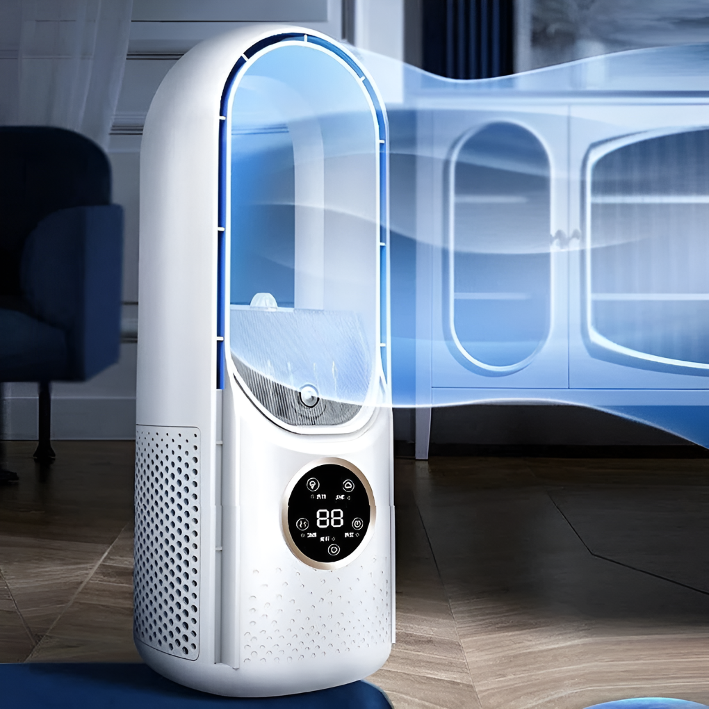 Draagbare stille luchtkoeler/ventilator voor thuis of kantoor, compact en energiezuinig design.