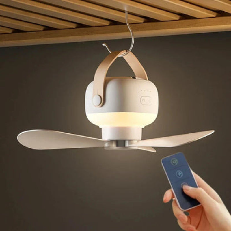 Oplaadbare draagbare ventilator met LED-licht en afstandsbediening; ideaal voor kantoor, slaapkamer of buiten.