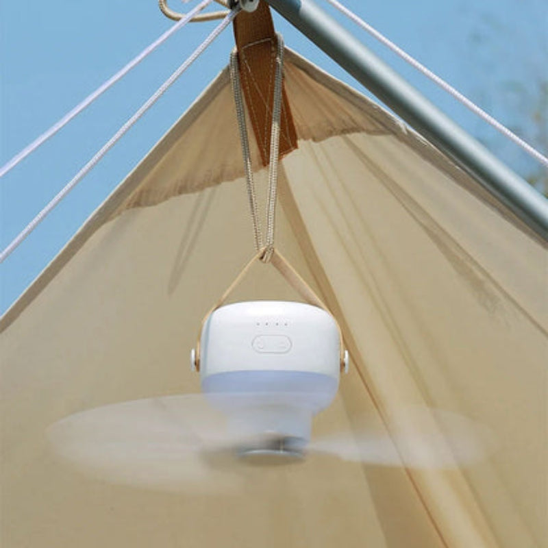 Compacte draagbare ventilator met LED-licht en afstandsbediening voor directe verkoeling thuis, werk of camping.