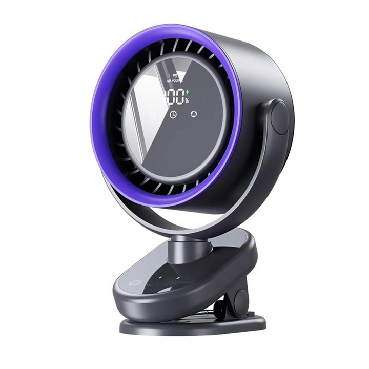 Efficiënte oplaadbare mini ventilator met USB-C, 4000mAh en LED display voor directe verkoeling.