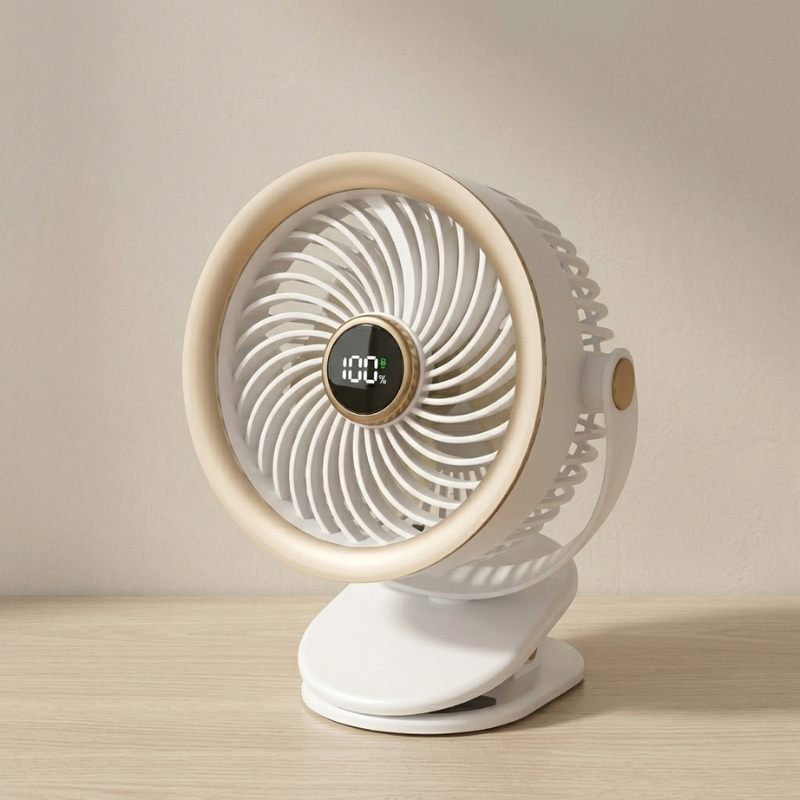 Compacte draagbare ventilator met LED display, USB-C oplaadbaar, voor verkoeling op elke plek.