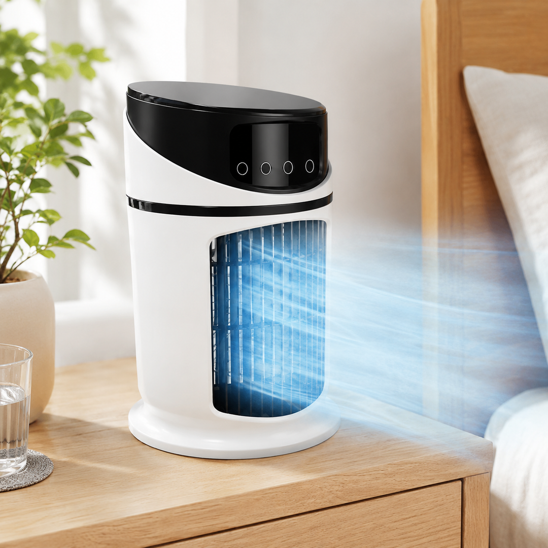 Draagbare vernevelingsventilator voor verkoeling en zomercomfort, perfect voor thuis of bureau.