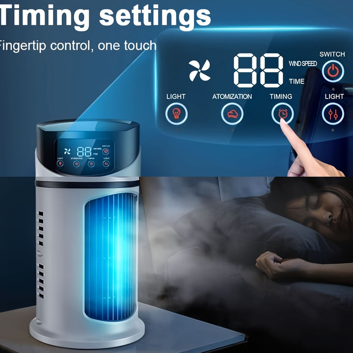 Compacte vernevelaar ventilator met licht, voor aangename verkoeling en sfeer in huis.