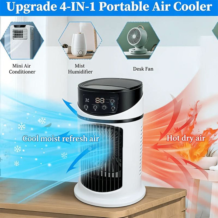 Stijlvolle draagbare ventilator die verkoelende mist afgeeft, essentieel voor warme dagen.