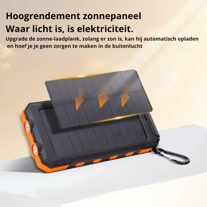 "Draagbare zonne-energie powerbank met snellaadfunctie, zwart, LED-display en solar paneel voor outdoor gebruik."