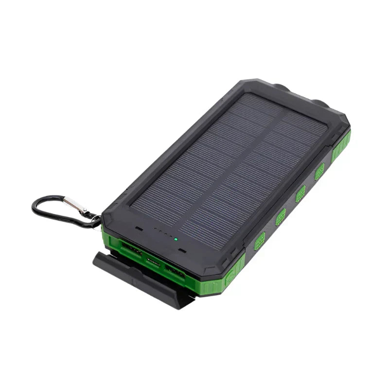 "Draagbare zonne-energie powerbank met snellaadfunctie, zwart, LED-display en solar paneel voor outdoor gebruik."