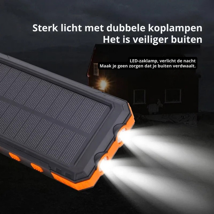 "Draagbare zonne-energie powerbank met snellaadfunctie, zwart, LED-display en solar paneel voor outdoor gebruik."