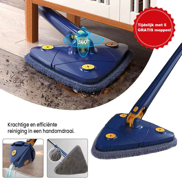 Schoonmaakset met draaiende vloermop en andere huishoudelijke schoonmaakartikelen.