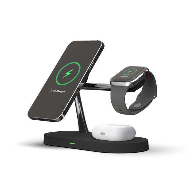 Drie-in-één draadloos laadstation met smartphone, smartwatch, oordopjes; laadt snel en efficient.